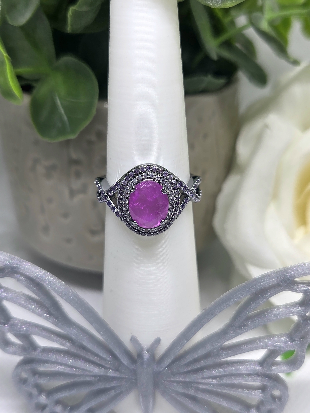 BP Purple Flourite Halo Oval On Rhodium Plating